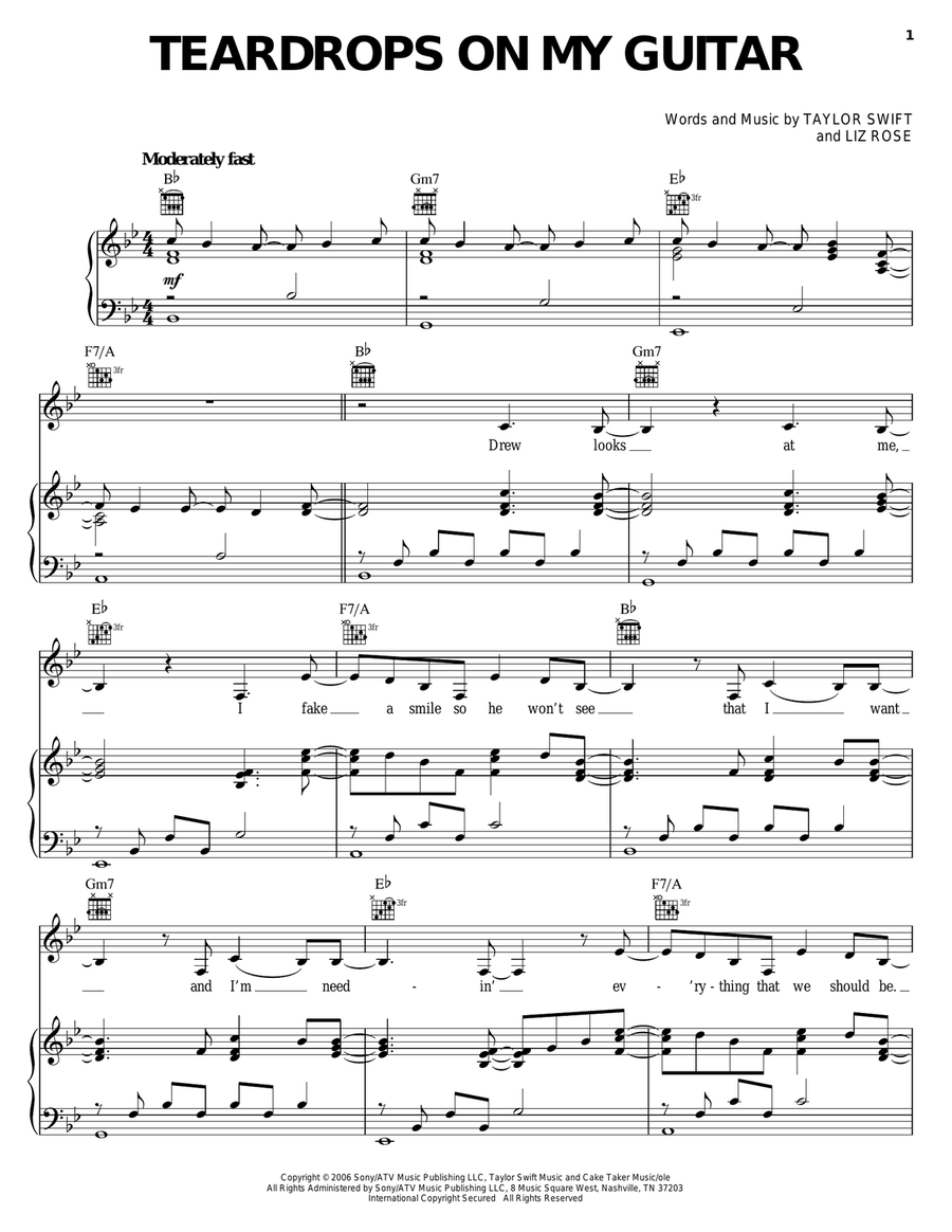 Teardrops On My Guitar Piano, Vocal, Guitar scores gallery preview page 1