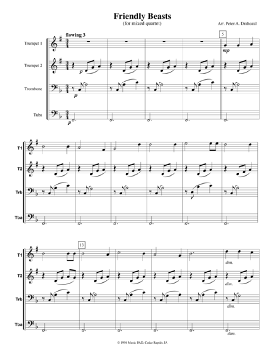 Friendly Beasts - Traditional Carol for Mixed Brass Quartet Brass Quartet scores gallery preview page 1