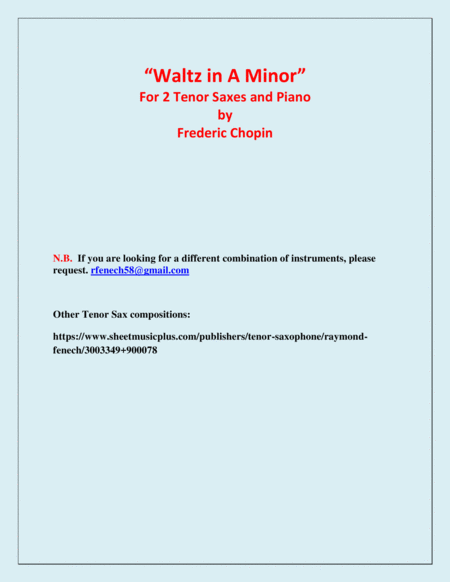 Waltz in A Minor (Chopin) - 2 Tenor Saxophones and Piano - Chamber music image number null