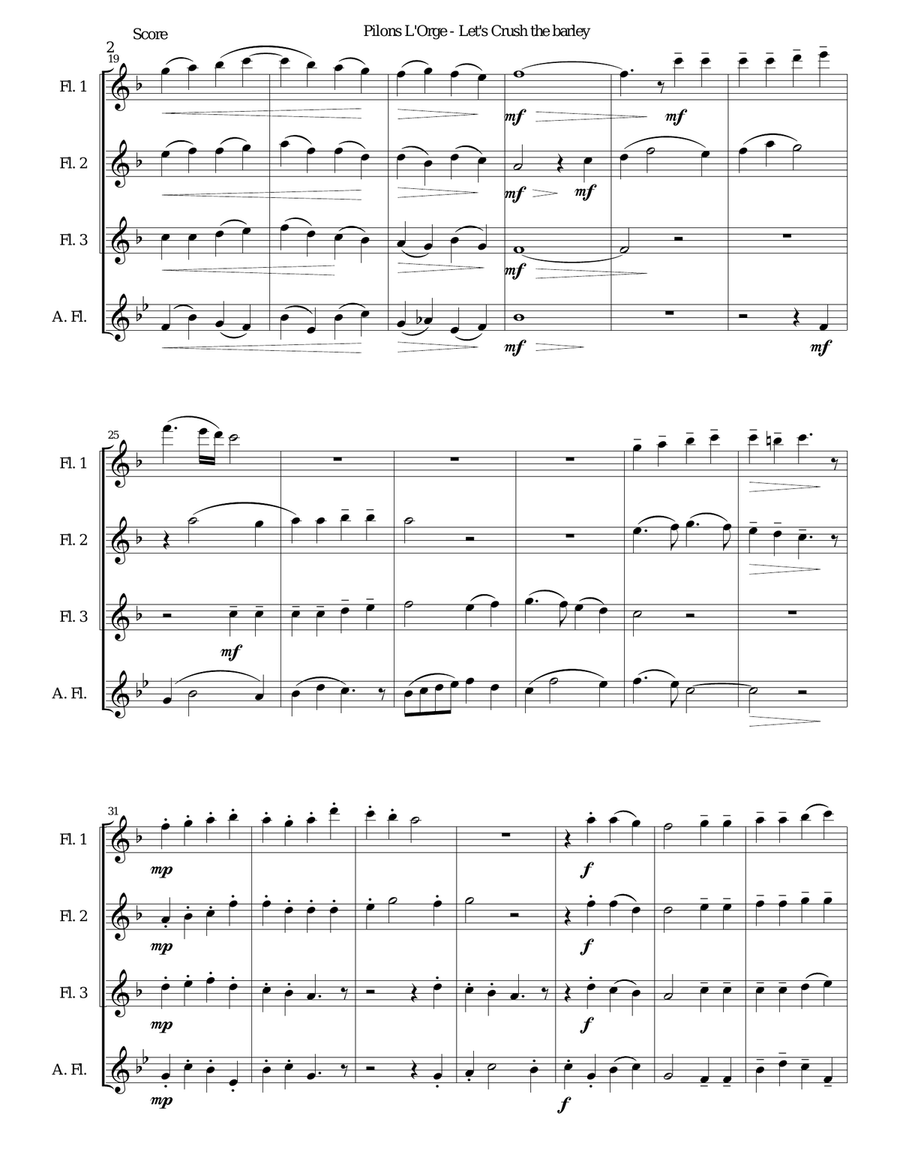 Pilons l'orge (Let's crush the barley) arranged for flute quartet (3 flutes and 1 alto flute) Flute Quartet scores gallery preview page 2