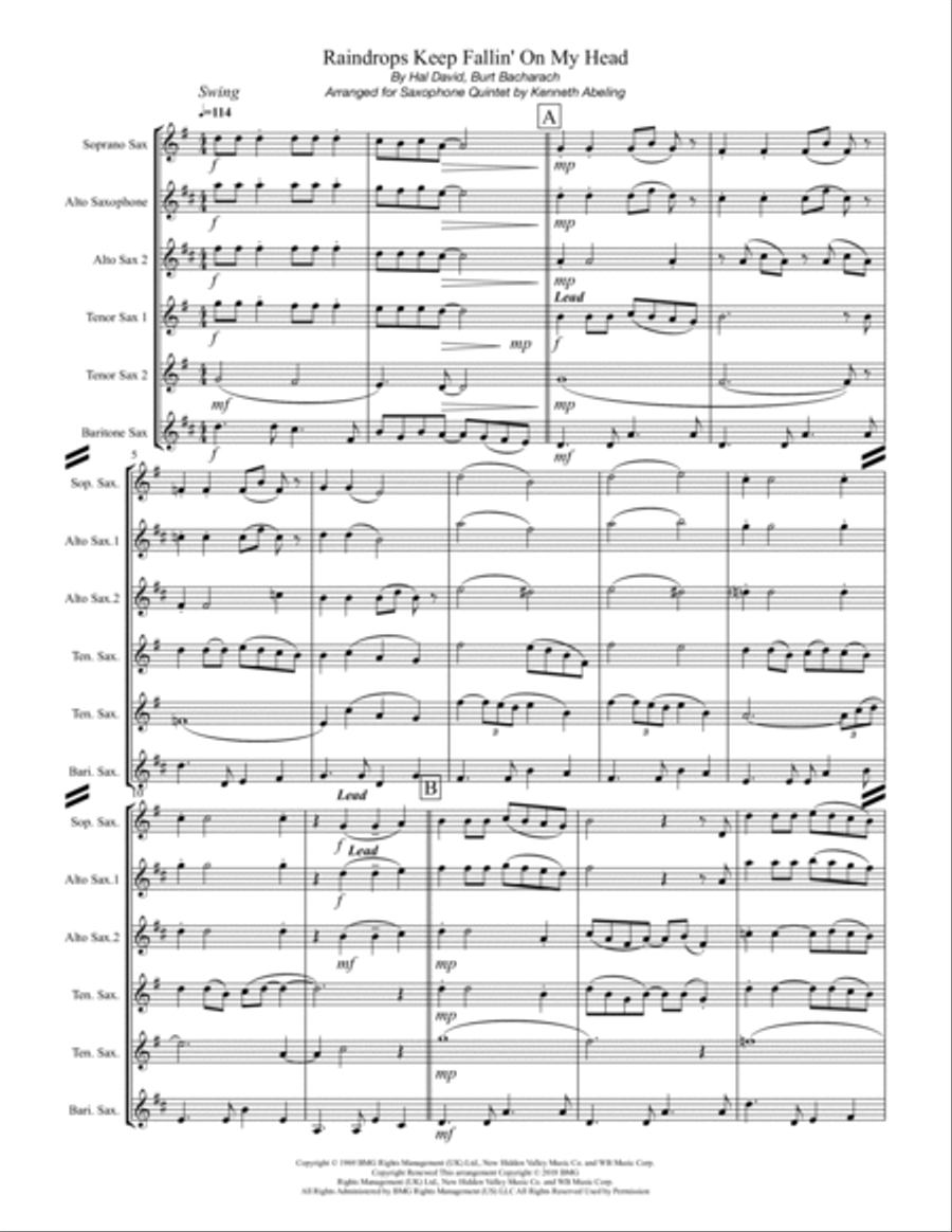 Raindrops Keep Fallin' On My Head Saxophone Quintet scores gallery preview page 2