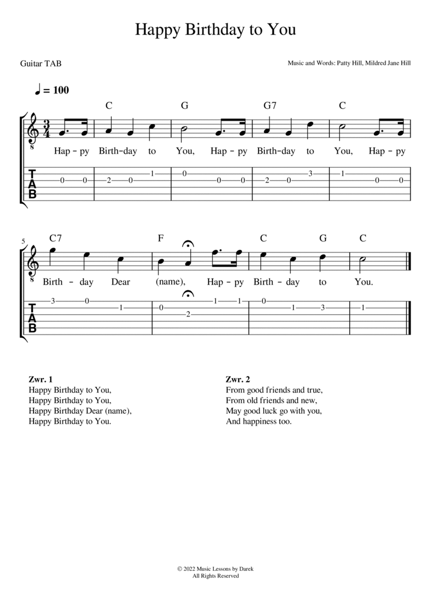 Happy Birthday to You (GUITAR TAB) [Patty Hill, Mildred Jane Hill] image number null