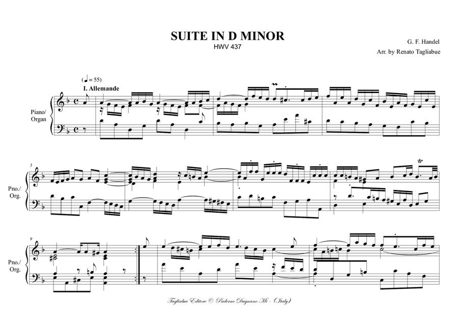 HANDEL - SUITE IN D MINOR HWV 437 - Allemande, Courante, Sarabande, Gigue. Arr. for Piano/Organ Harpsichord scores gallery preview page 2