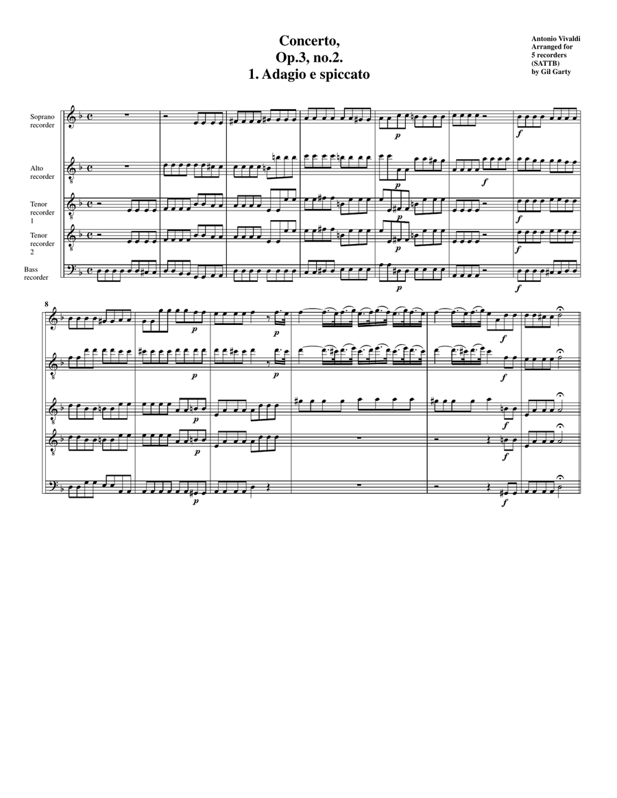 Estro armonico, Concerto, Op.3, no.2 (Arrangement for 5 recorders (SATTB or SATT and cello)) SATTB scores gallery preview page 2