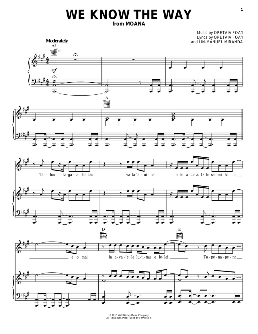 We Know The Way (from Moana) Piano, Vocal, Guitar scores gallery preview page 1