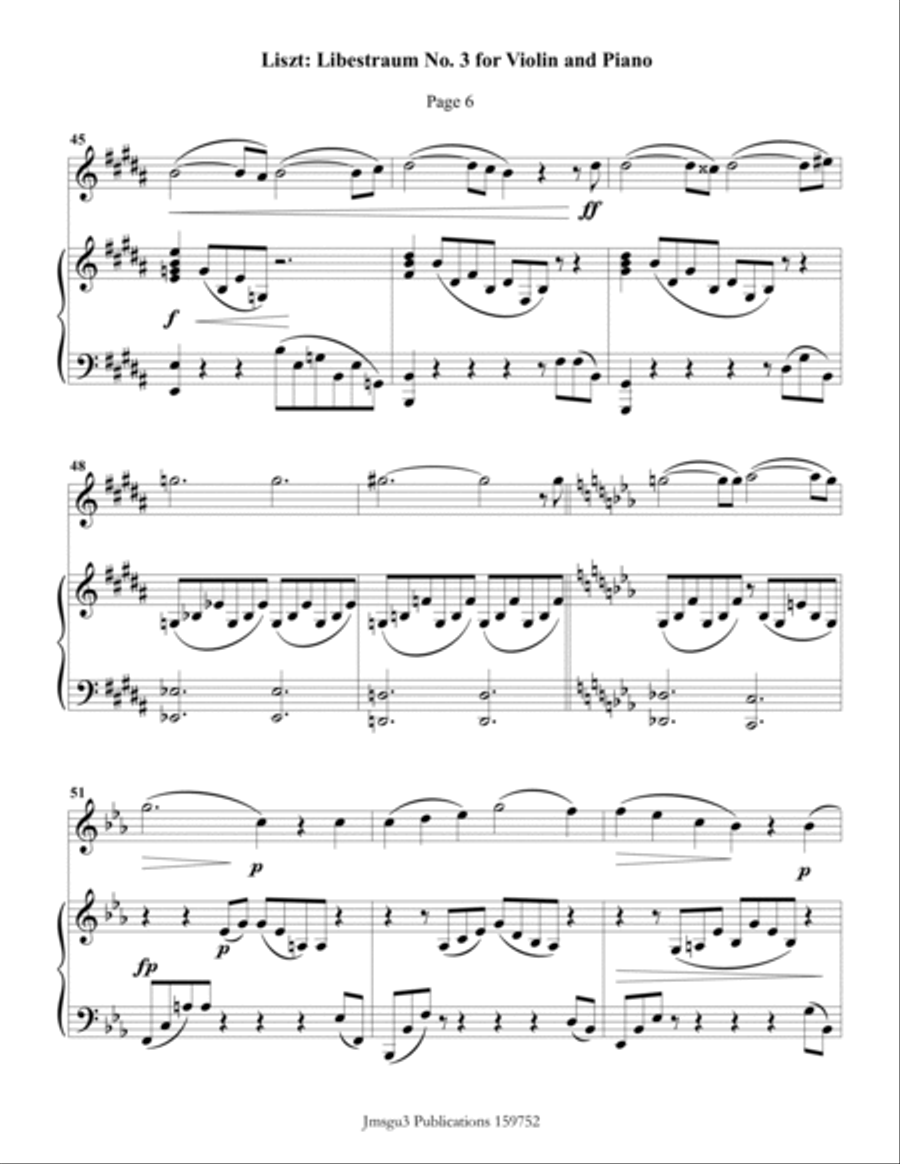 Liszt: Liebestraum No. 3 for Violin & Piano Violin Solo scores gallery preview page 6