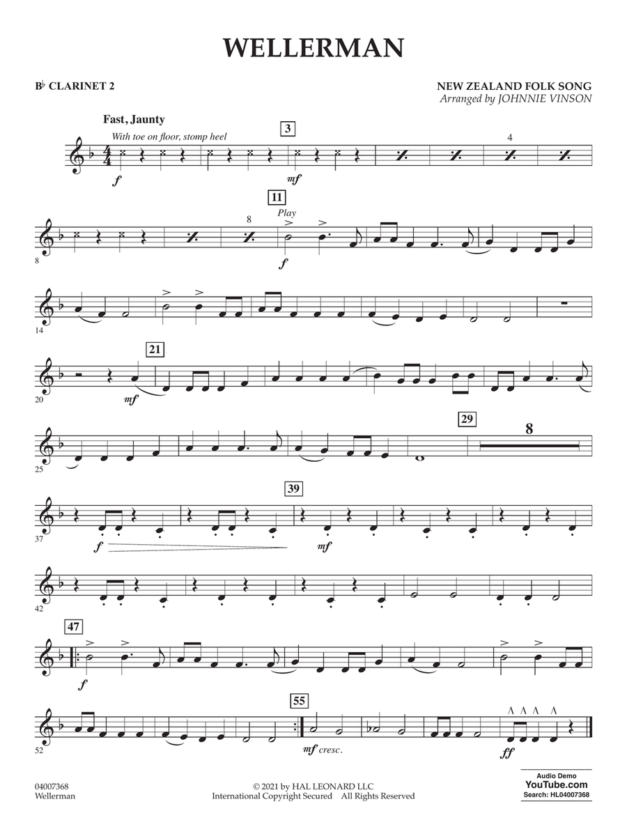 Wellerman (arr. Johnnie Vinson) - Bb Clarinet 2 Concert Band scores gallery preview page 1