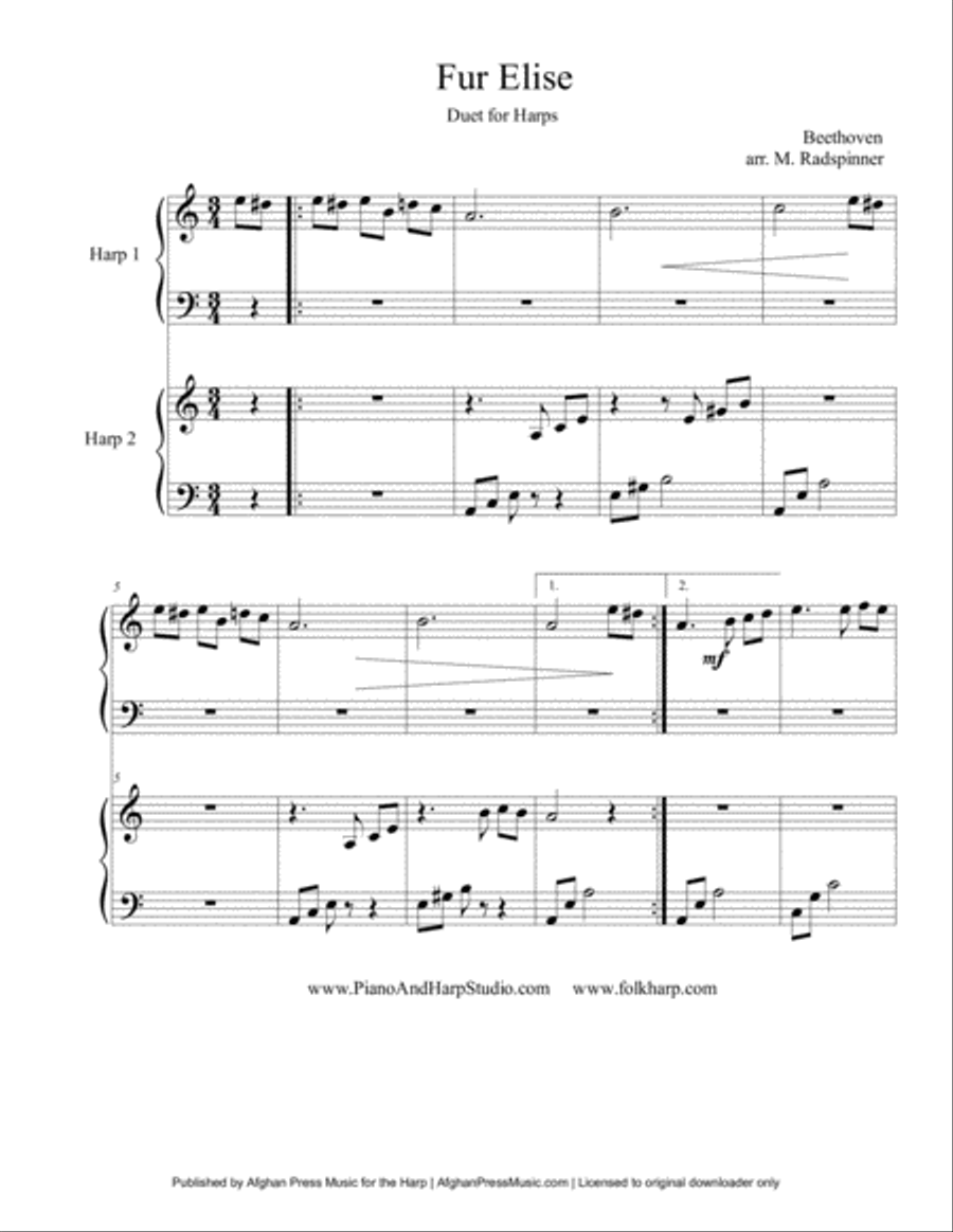 Beethoven's Fur Elise Easy Harp Duet Harp scores gallery preview page 2