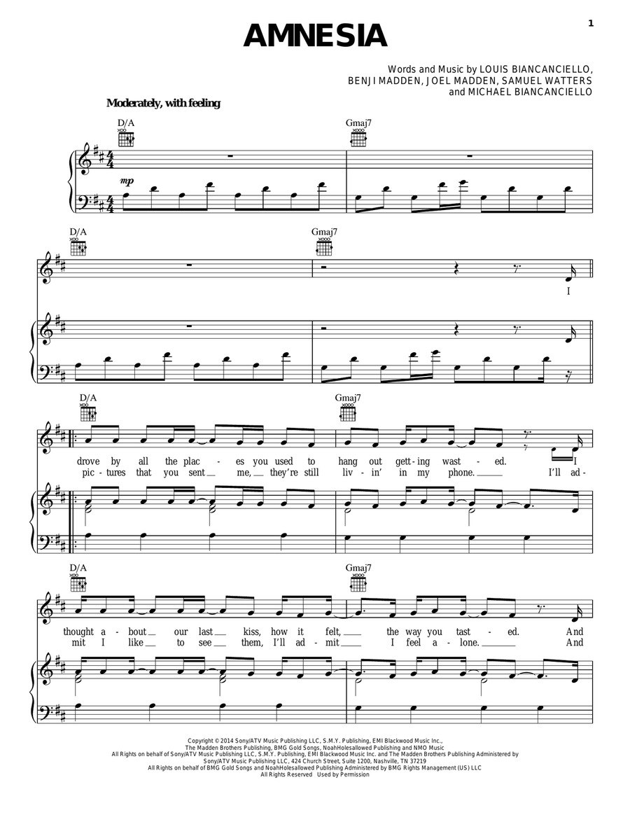 Amnesia Piano, Vocal, Guitar scores gallery preview page 1