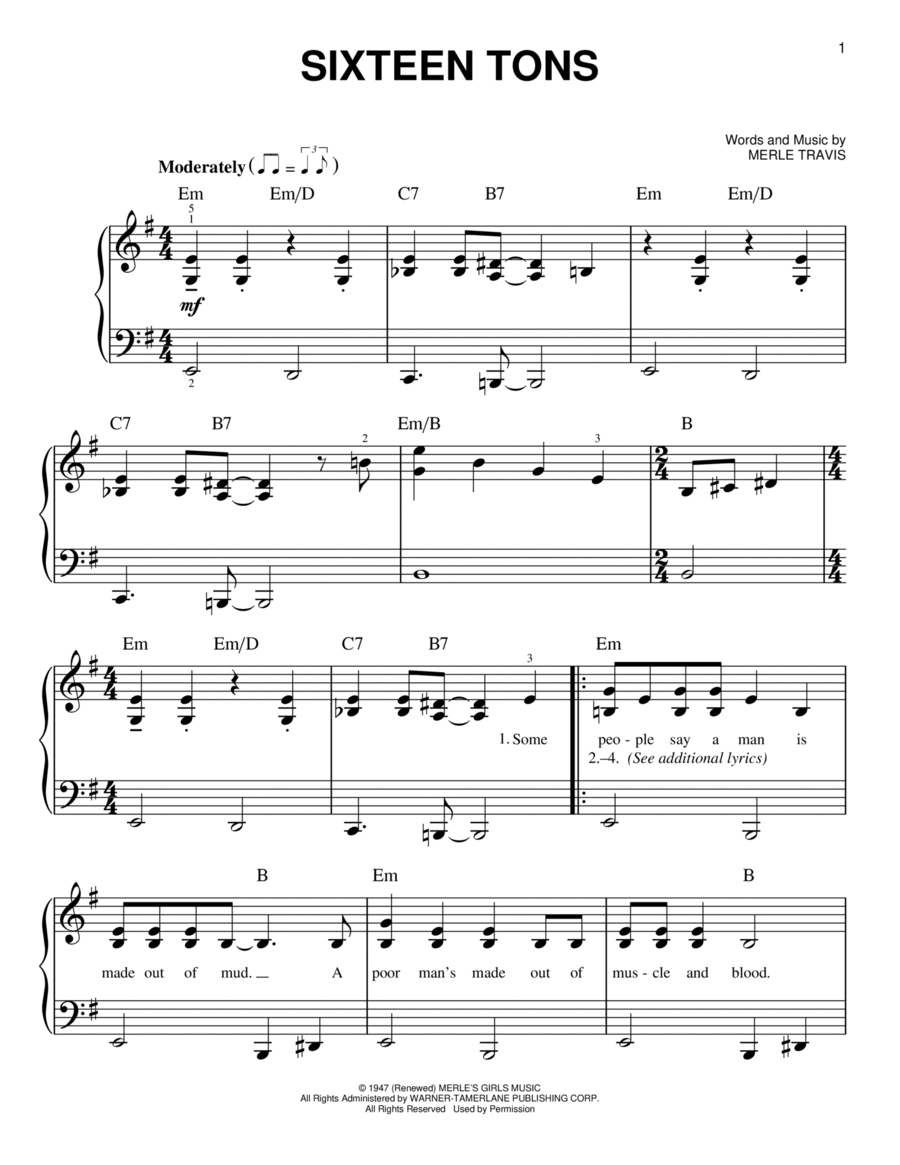 Sixteen Tons Easy Piano scores gallery preview page 1