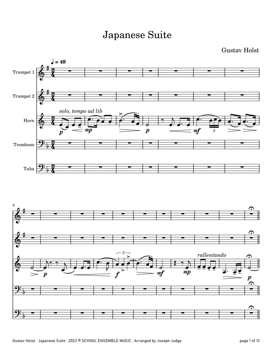 Japanese Suite by Holst for Brass Quintet in Schools Brass Quintet scores gallery preview page 1