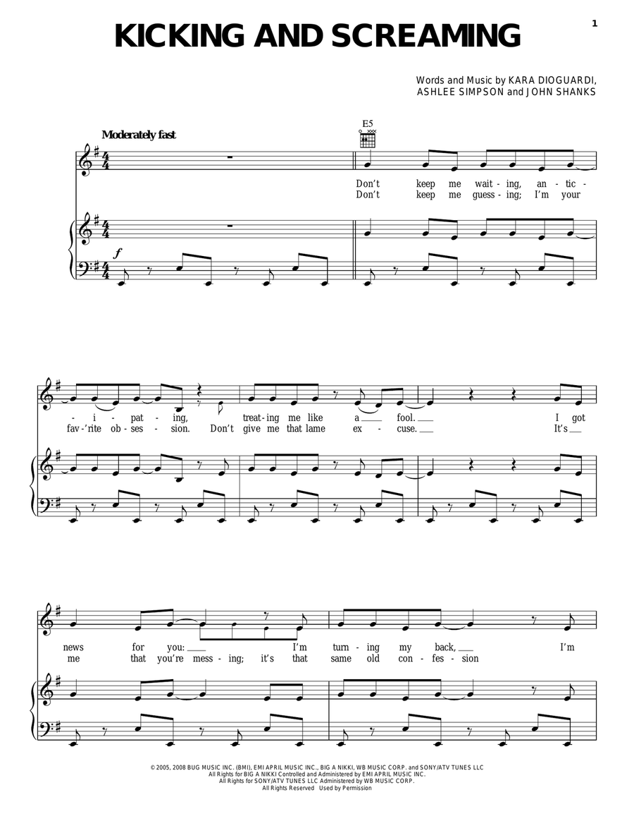 Kicking And Screaming Kicking And Screaming Piano, Vocal, Guitar scores gallery preview page 1