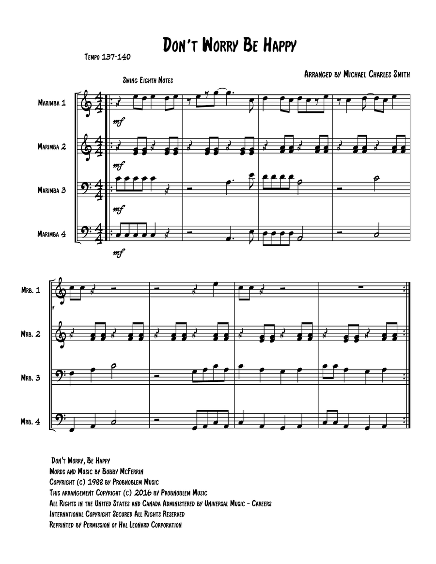 Don't Worry, Be Happy Percussion Ensemble scores gallery preview page 1