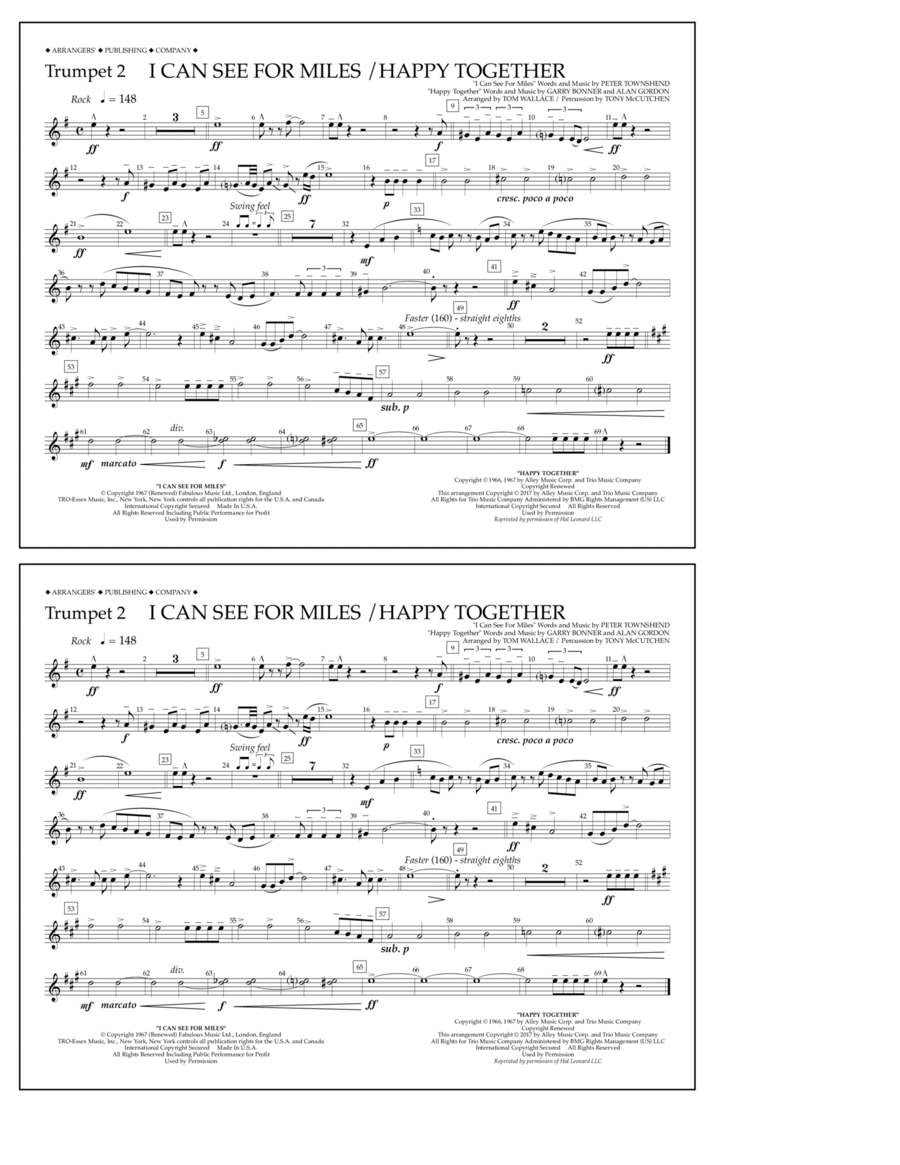 I Can See for Miles/Happy Together - Trumpet 2 Marching Band scores gallery preview page 1
