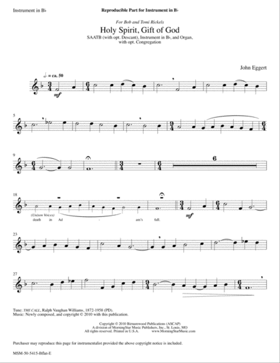 Holy Spirit, Gift of God (Downloadable Downloadable B-flat Instrument Part) Choir scores gallery preview page 1