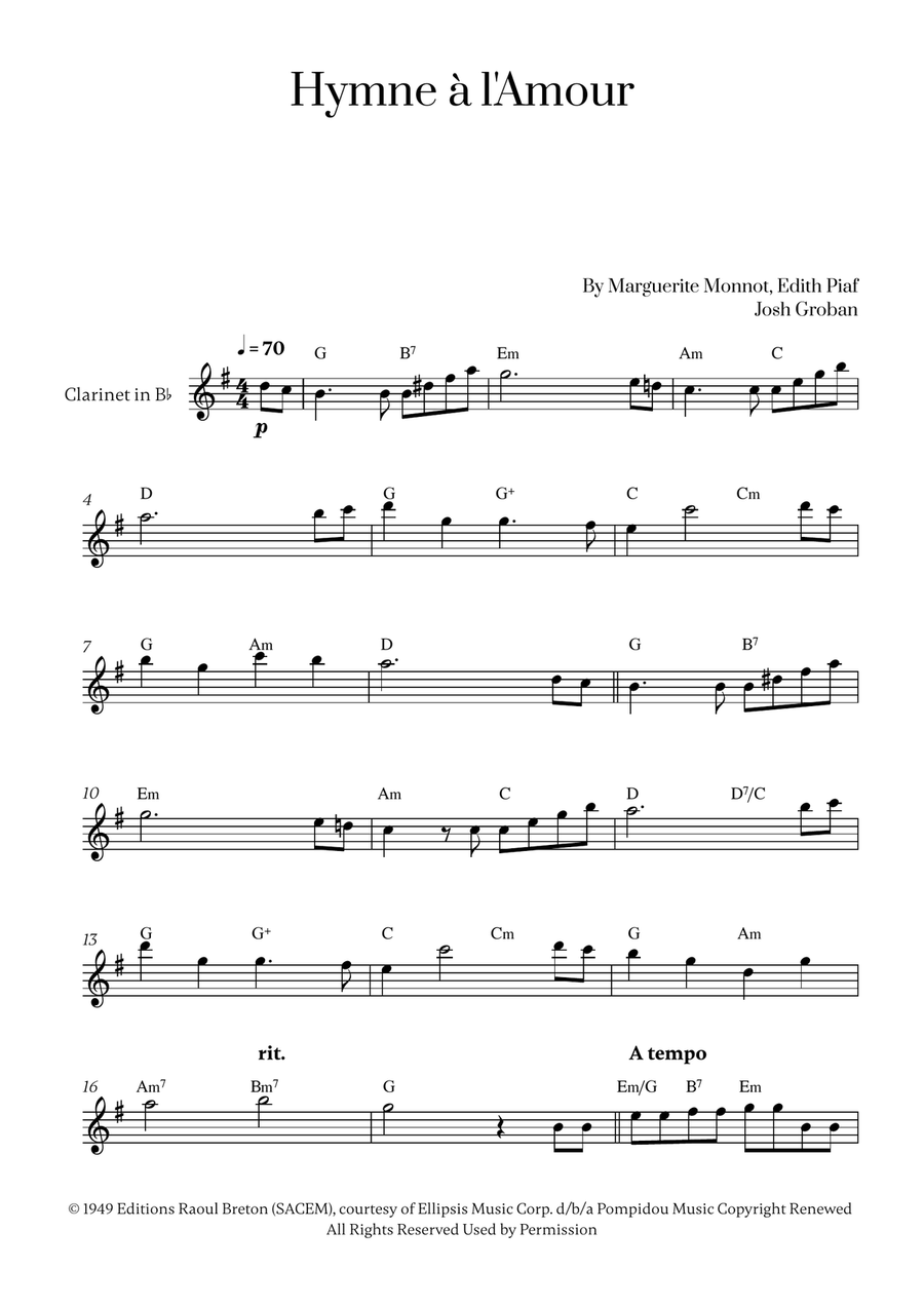 Hymne A L'amour Clarinet Solo scores gallery preview page 1