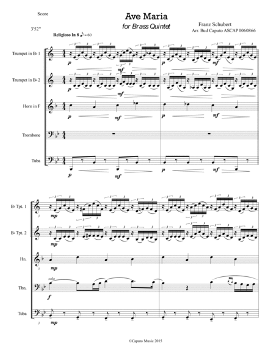 Ave Maria for Brass Quintet - Franz Schubert Brass Quintet scores gallery preview page 2
