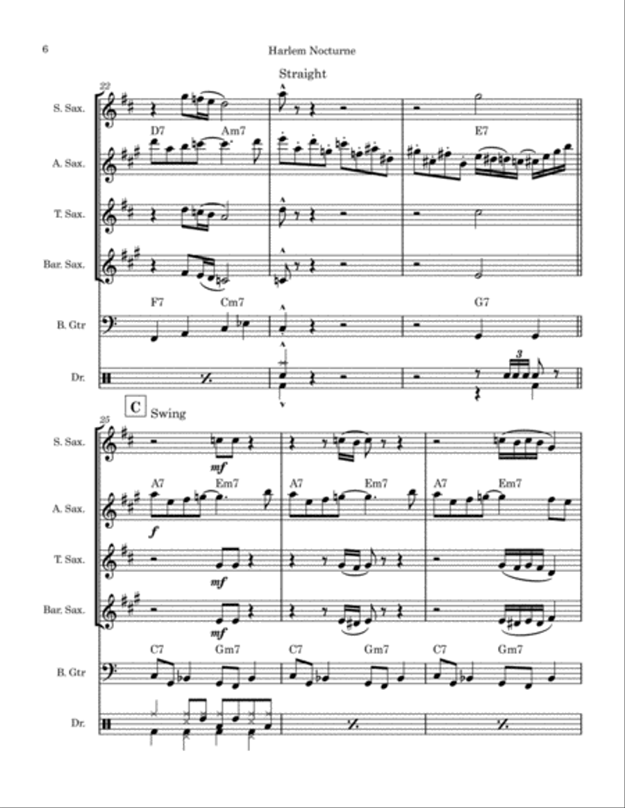 Harlem Nocturne Saxophone Quartet scores gallery preview page 6