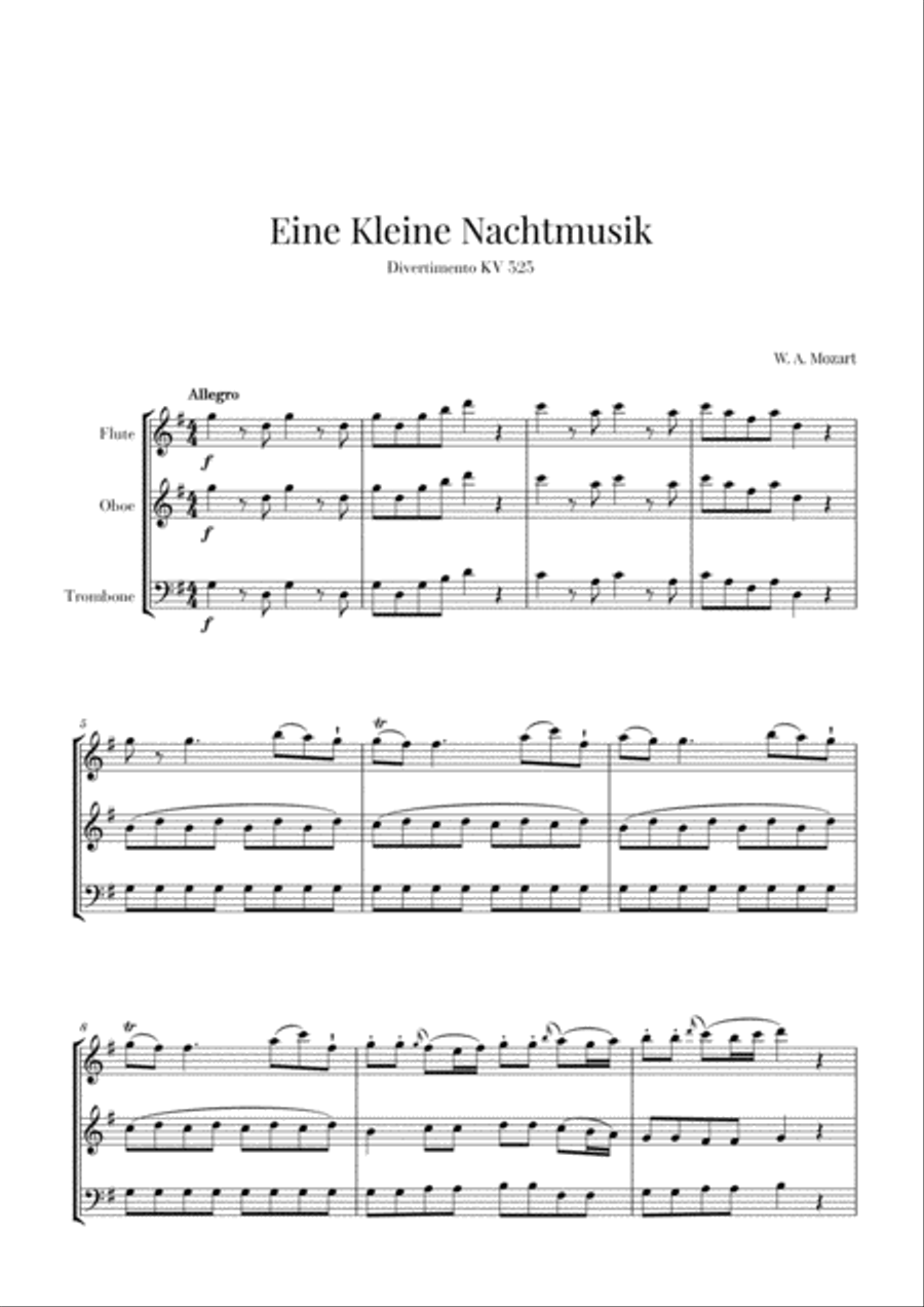 Eine Kleine Nachtmusik for Flute, Oboe and Trombone Brass Ensemble scores gallery preview page 1