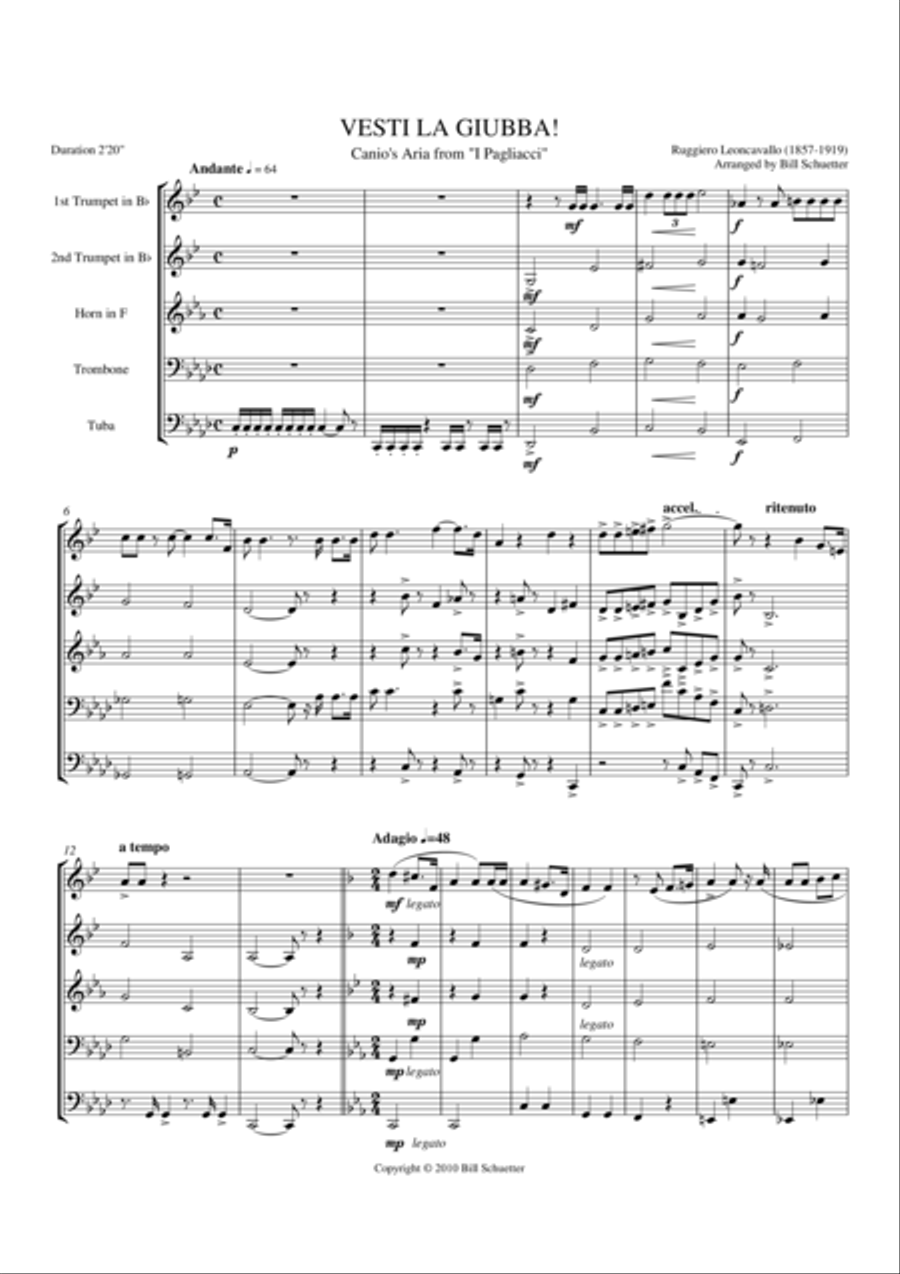 Vesti La Giubba from I Pagliacci Brass Quintet scores gallery preview page 2