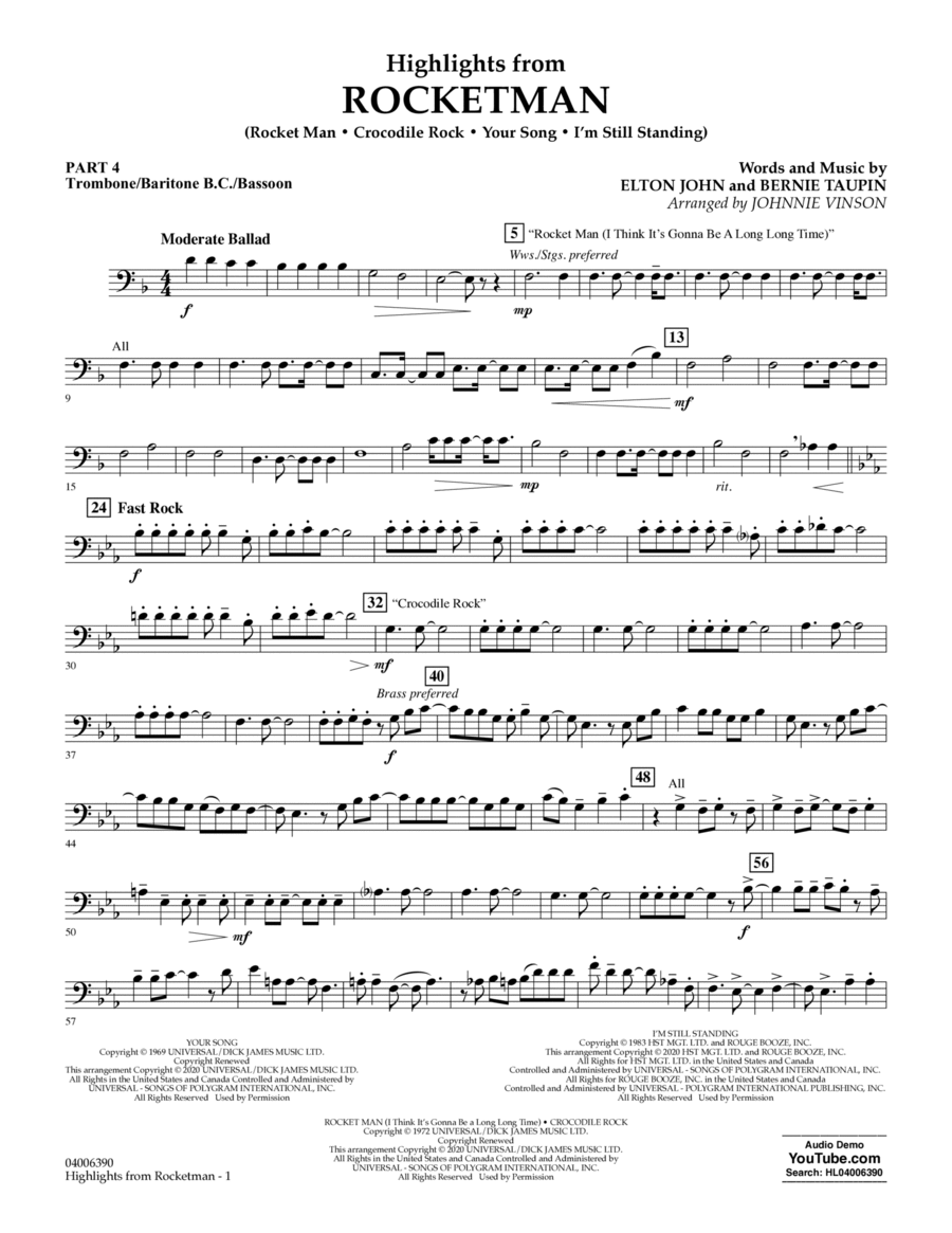 Highlights from Rocketman (arr. Johnnie Vinson) - Pt.4 - Trombone/Bar. B.C./Bsn.