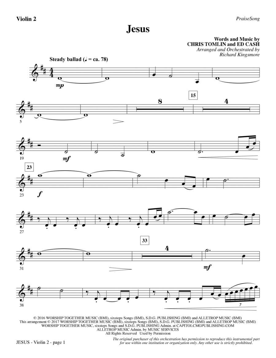 Jesus (arr. Richard Kingsmore) - Violin 2 Choir scores gallery preview page 1
