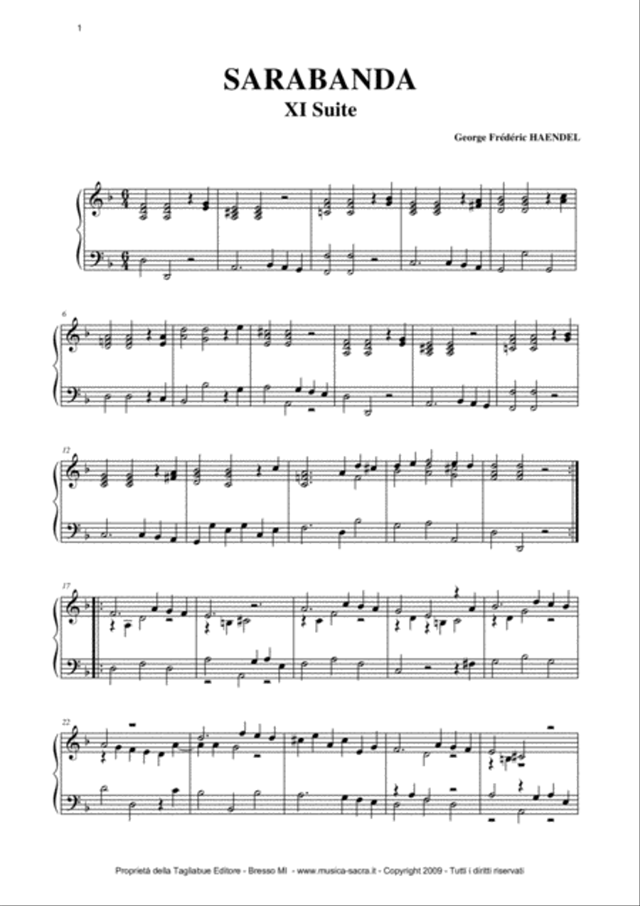 SARABANDE - From Harpischord Suite in D Minor HWV 437 Harpsichord scores gallery preview page 1