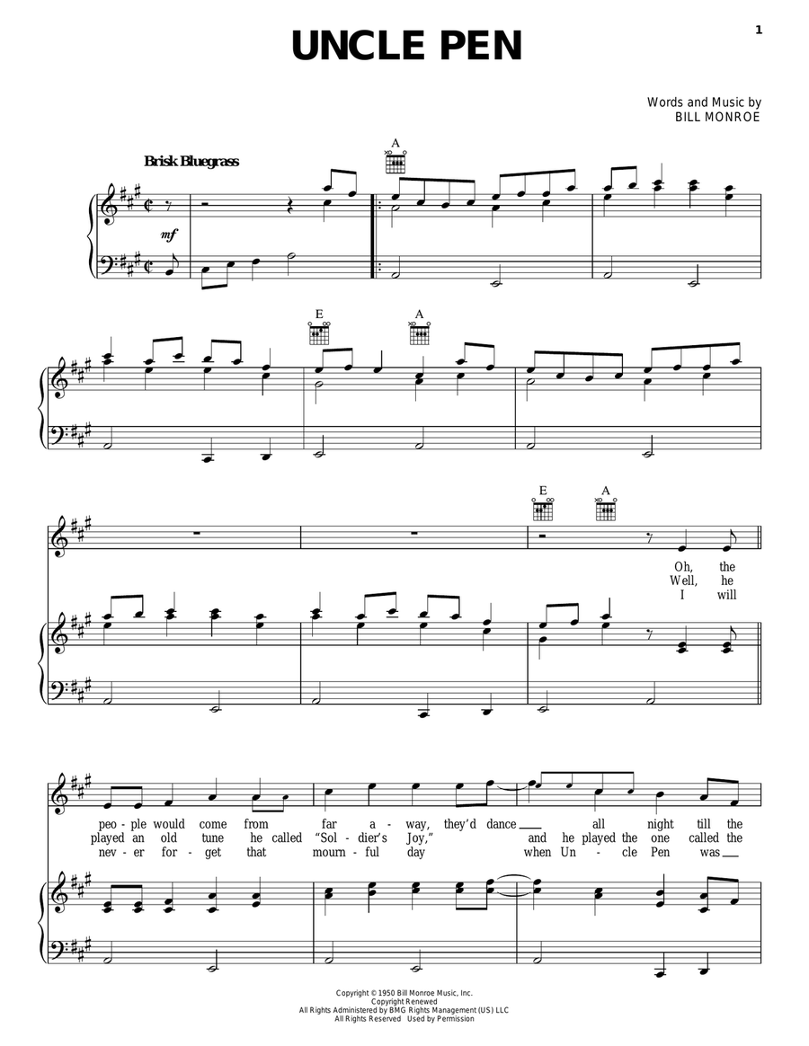 Uncle Pen Piano, Vocal, Guitar scores gallery preview page 1