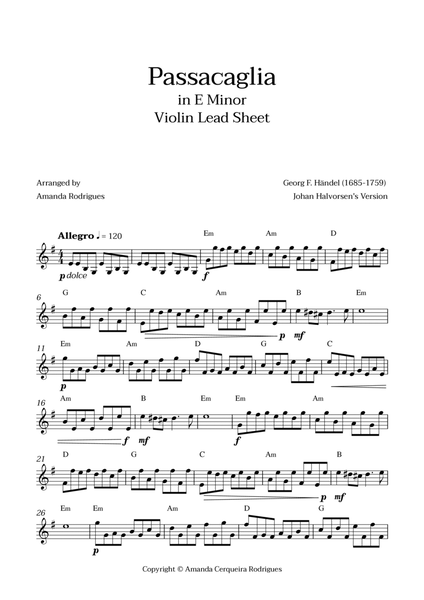 Passacaglia - Easy Violin Lead Sheet in Em Minor (Johan Halvorsen's Version) image number null