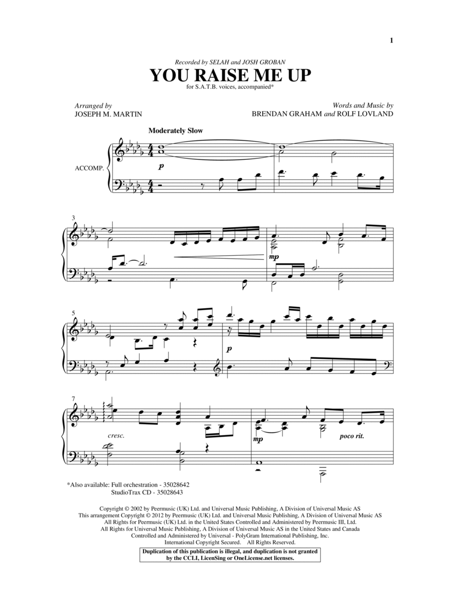 You Raise Me Up (arr. Joseph M. Martin) 4-Part scores gallery preview page 1