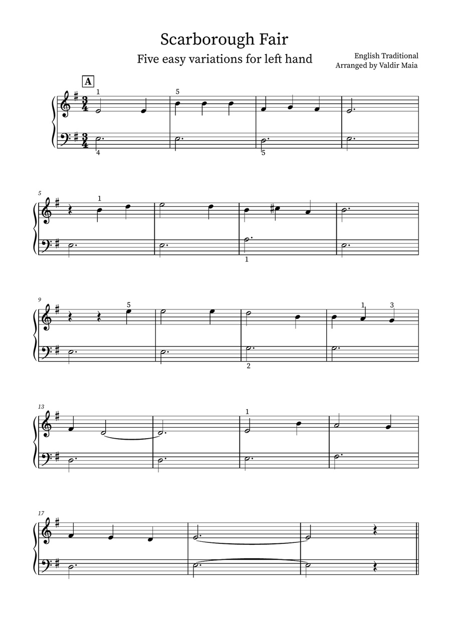 Scarborough Fair - 5 easy variations Easy Piano scores gallery preview page 1