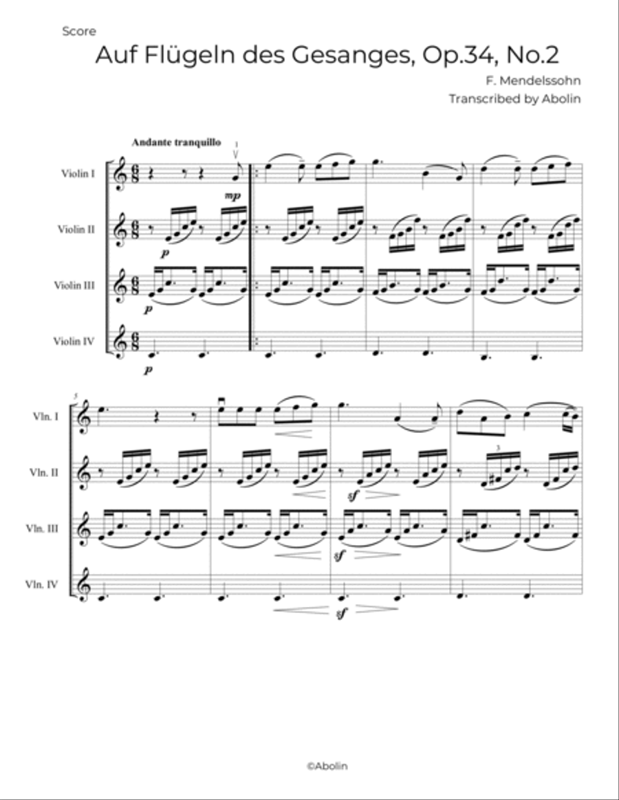 Mendelssohn: On Wings of Song, Op.34, No.2 - arr. for Violin Quartet String Quartet scores gallery preview page 2