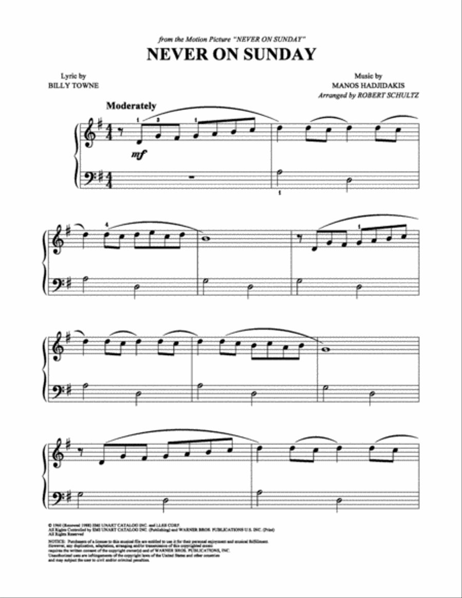 Never On Sunday Never On Sunday Easy Piano scores gallery preview page 1