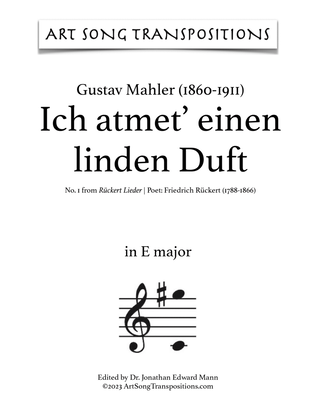 Book cover for MAHLER: Ich atmet' einen linden Duft (transposed to E major)
