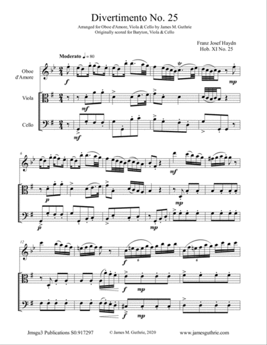 Haydn: Divertimento No. 25 Trio for Oboe d'Amore, Viola & Cello Oboe scores gallery preview page 1