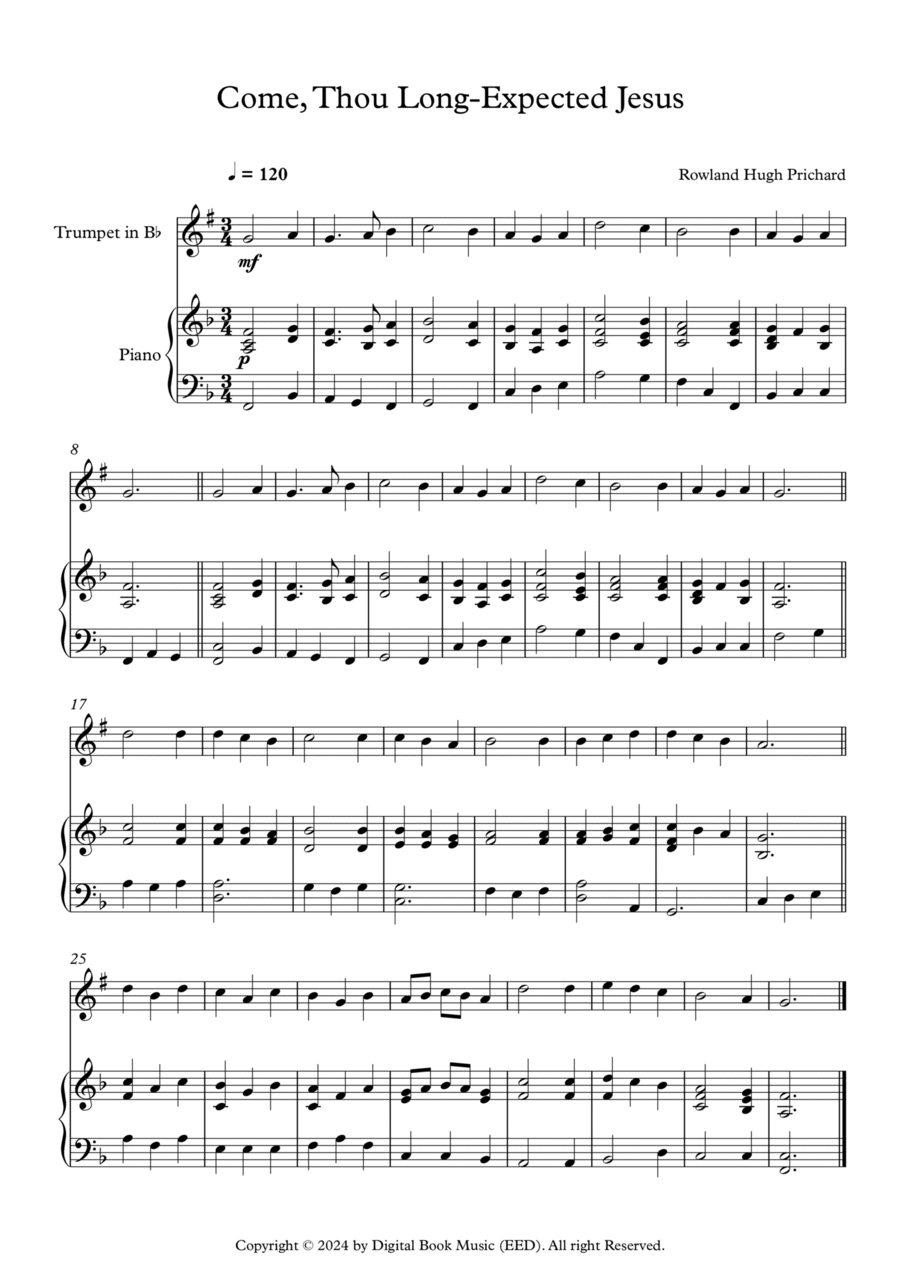Come, Thou Long-Expected Jesus - Rowland Hugh Prichard (Trumpet + Piano) B-Flat Trumpet scores gallery preview page 1