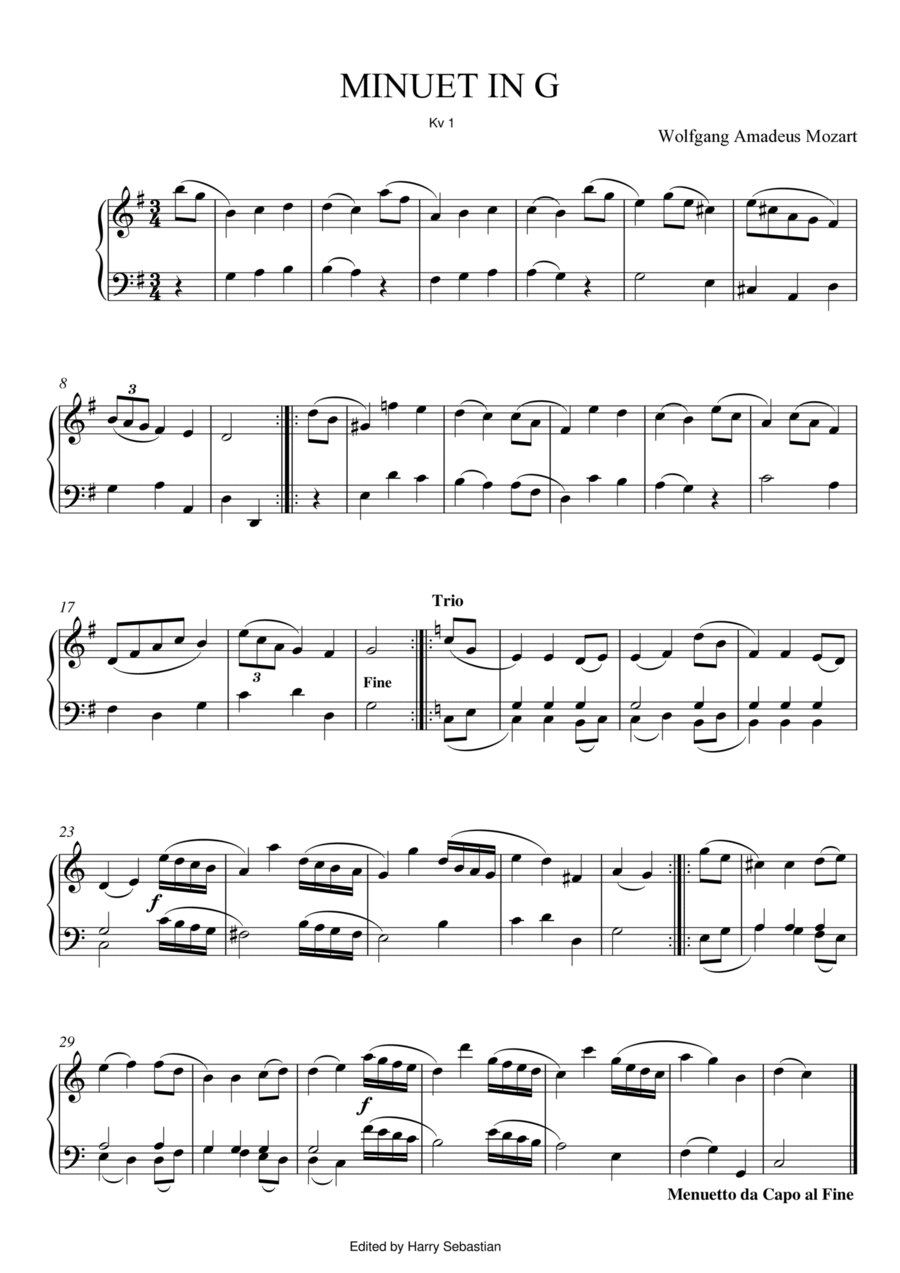 Mozart- Minuet in G Major, KV 1 Easy Piano scores gallery preview page 1