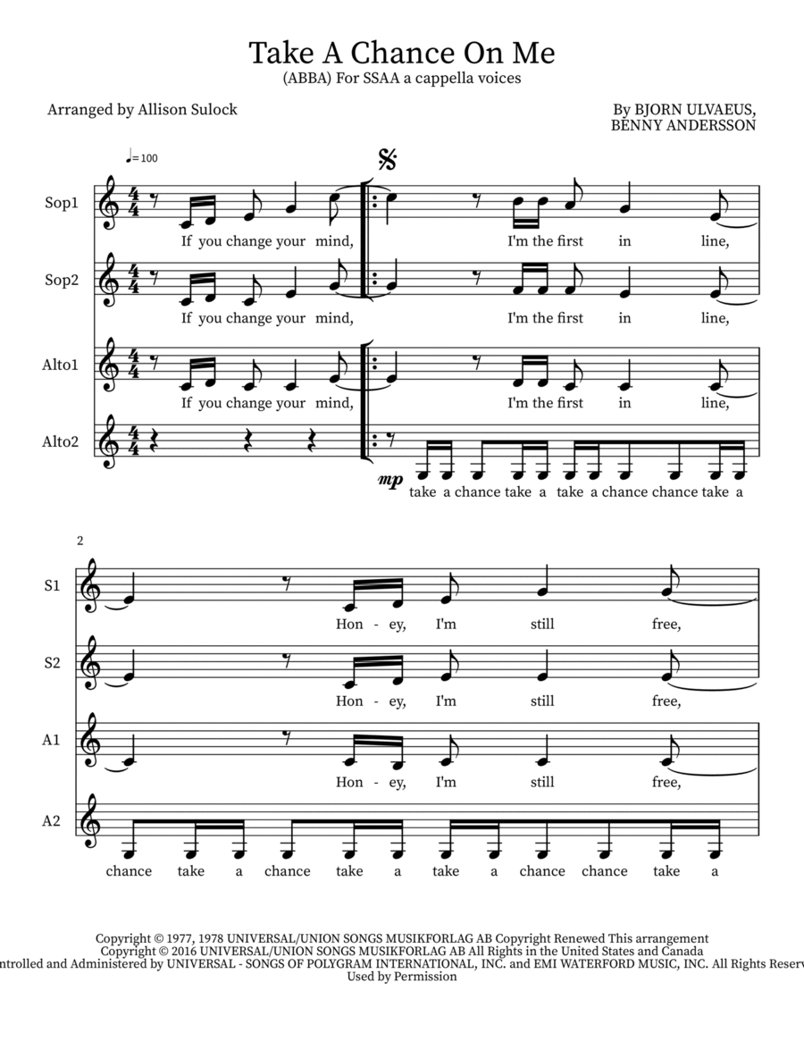 Take A Chance On Me SSA scores gallery preview page 1