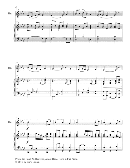 PRAISE THE LORD! YE HEAVENS, ADORE HIM (Duet – Horn in F & Piano with Score/Part) image number null
