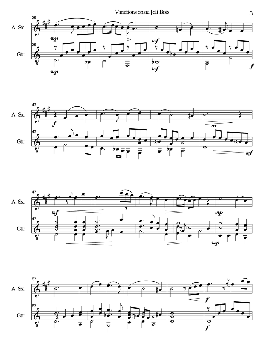 Variations on au Joli Bois for alto saxophone and guitar Alto Saxophone scores gallery preview page 3