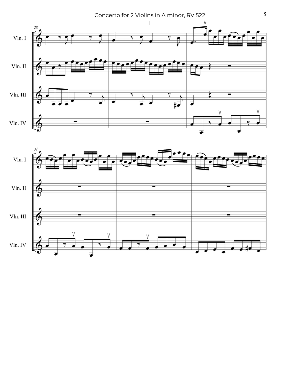 Vivaldi: Concerto for 2 Violins in A minor, Op.3 No.8, RV 522, Arranged for Violin Quartet Chamber Music scores gallery preview page 6