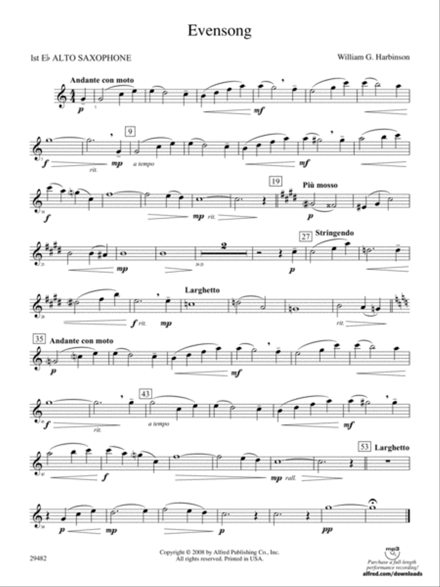Evensong: E-flat Alto Saxophone Concert Band scores gallery preview page 1