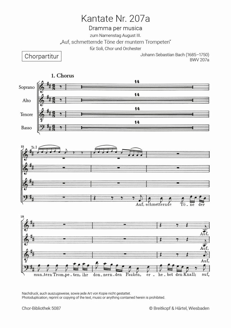 Cantata BWV 207a “Auf, schmetternde Töne der muntern Trompeten” 4-Part scores gallery preview page 1