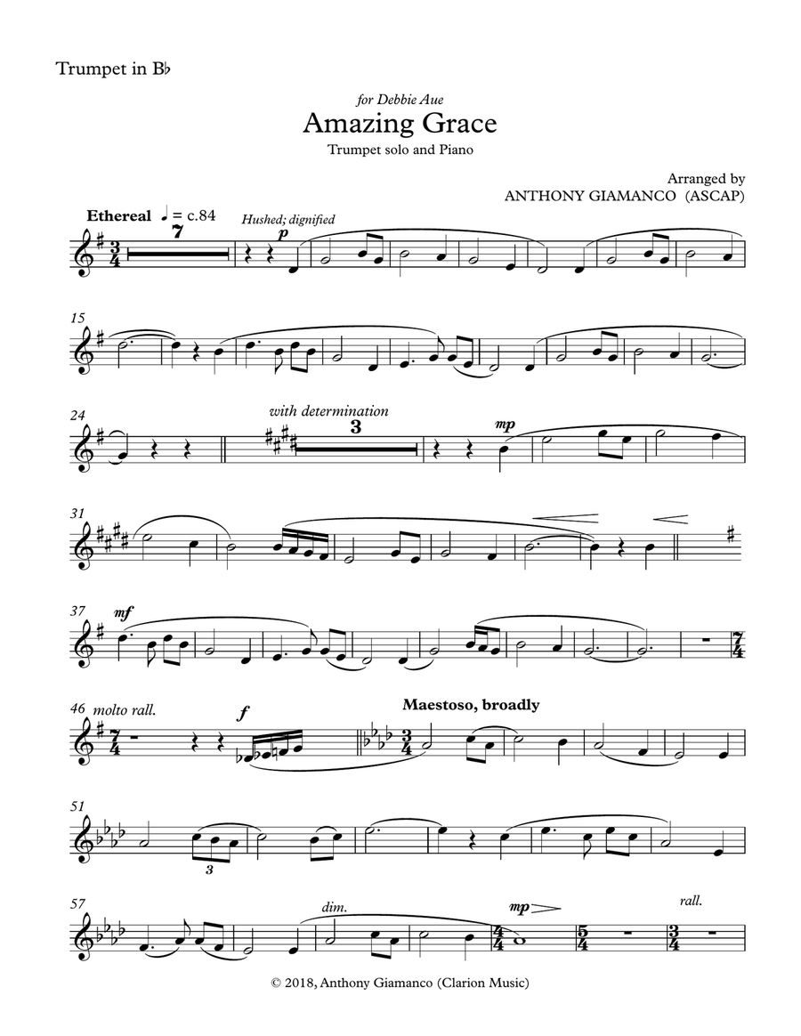 Amazing Grace (trumpet solo and piano) - TRUMPET PART Trumpet Solo scores gallery preview page 1