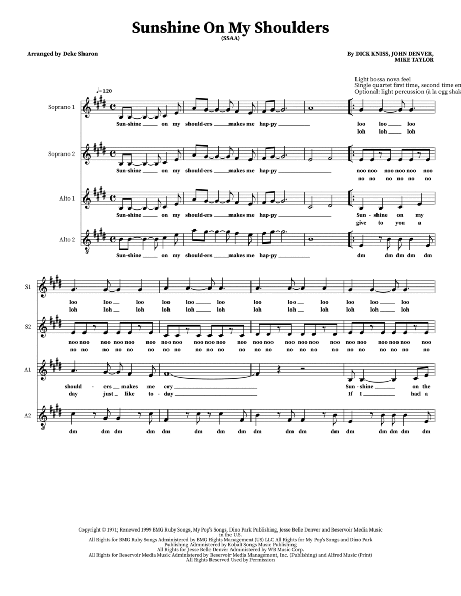 Sunshine On My Shoulders Sunshine On My Shoulders 4-Part scores gallery preview page 1