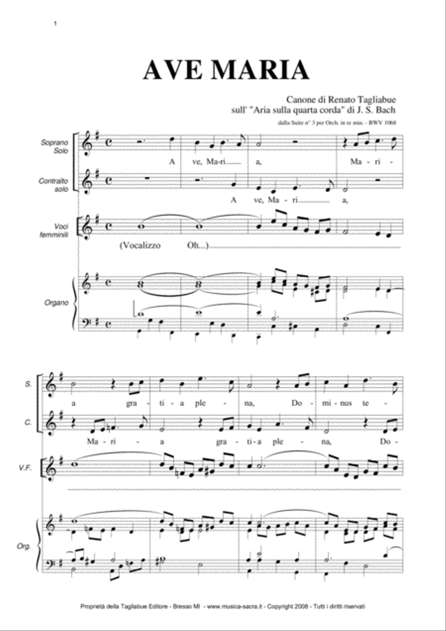 AVE MARIA - Tagliabue - CANON on AIR ON G STRING. Arr. for Sopr. Solo, Alto Solo, Female voices Choi SA scores gallery preview page 2
