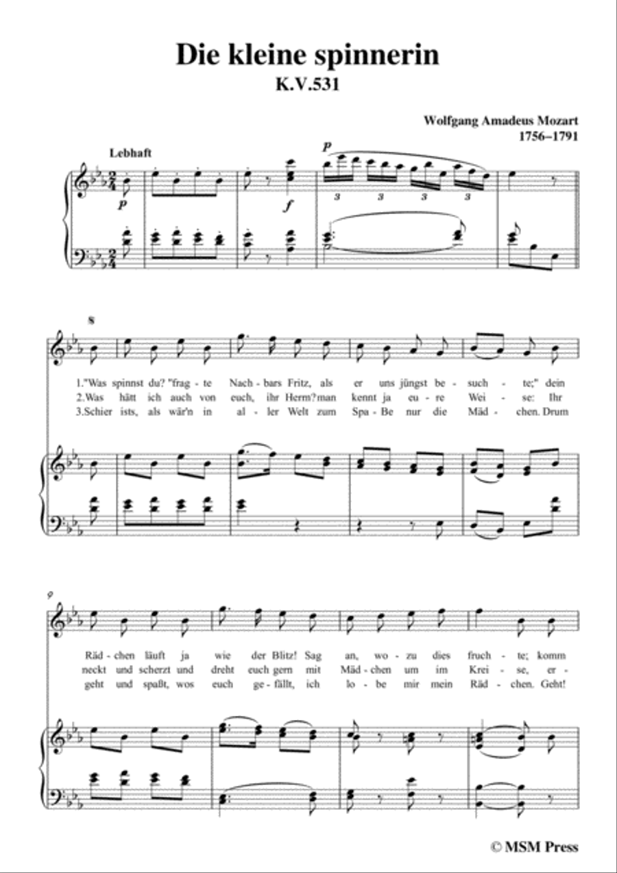 Mozart-Die kleine spinnerin,in E flat Major,for Voice and Piano Voice Solo scores gallery preview page 3