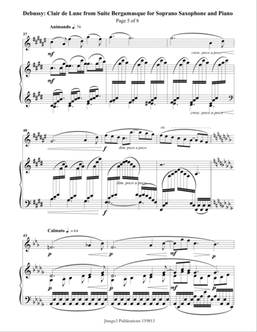 Debussy: Clair de Lune for Soprano Sax and Piano Soprano Saxophone scores gallery preview page 5
