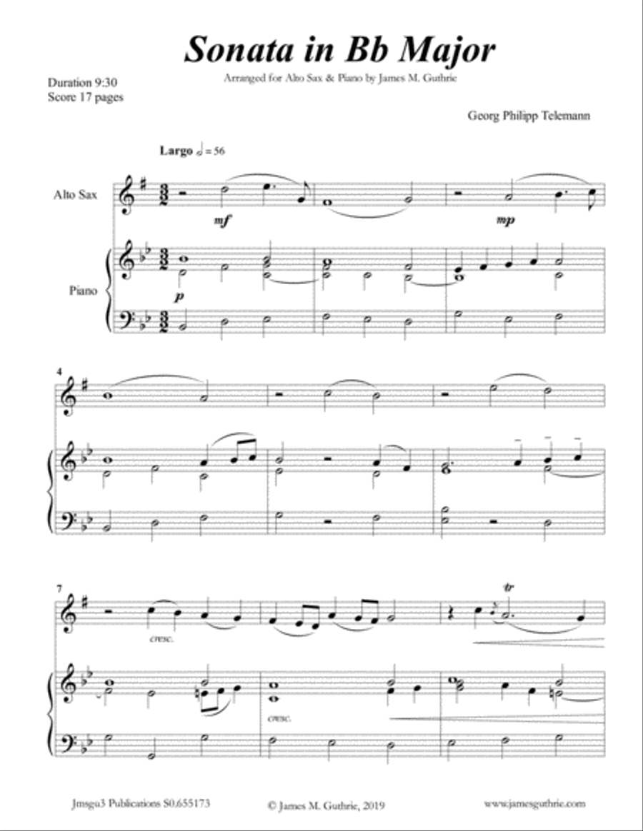 Telemann: Sonata in Bb Major for Alto Sax & Piano Alto Saxophone scores gallery preview page 1