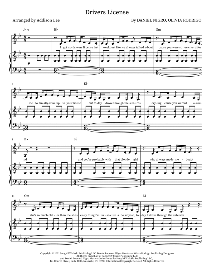 Drivers License Piano, Vocal scores gallery preview page 1